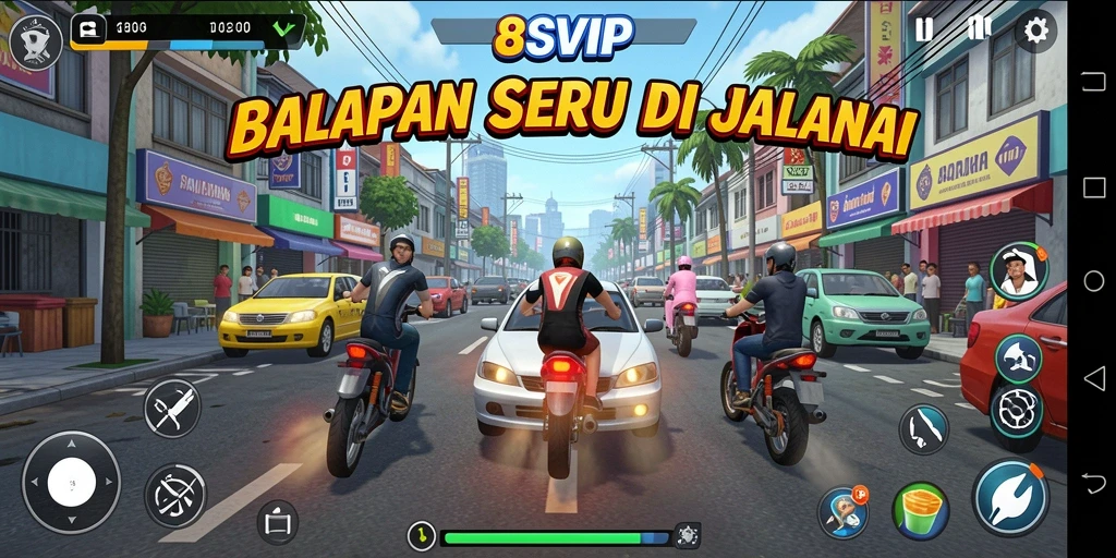 Gameplay mendebarkan di trek balapan 8SVIP dengan mobil cepat.