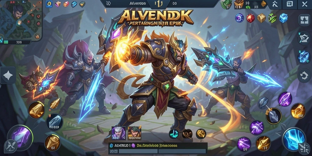 Tampilan gameplay seru dalam ALVENDO dengan aksi MOBA dramatis.