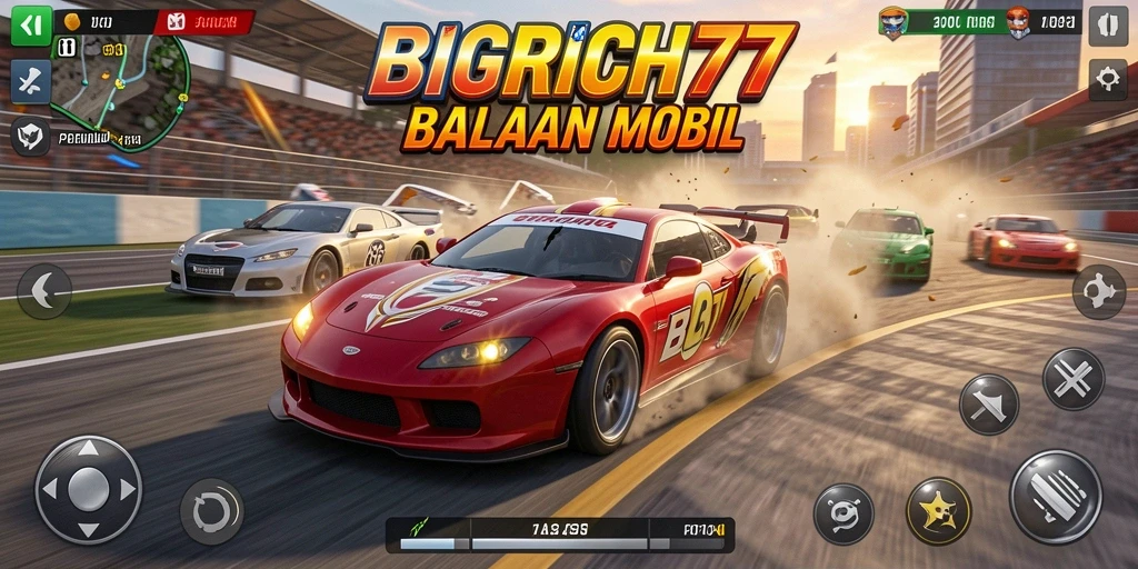 Tangkapan layar menampilkan aksi balapan mendebarkan di BIGRICH77.
