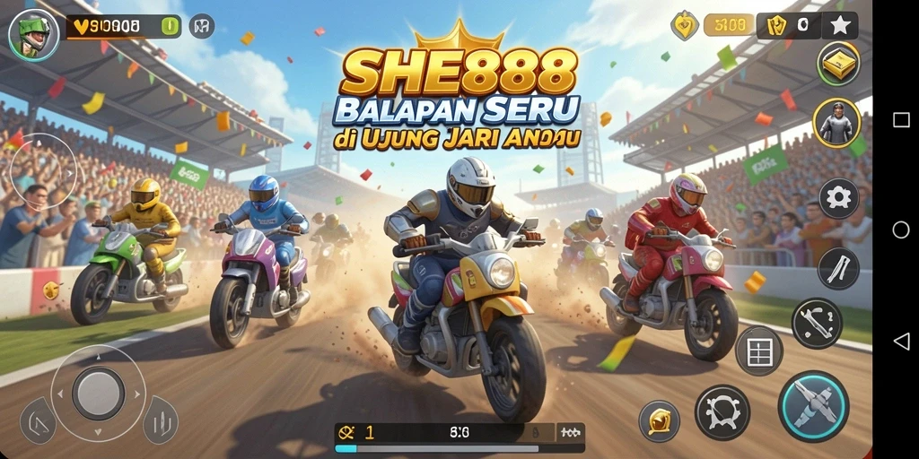 Screenshot utama SHE888 menampilkan aksi balapan yang mendebarkan.