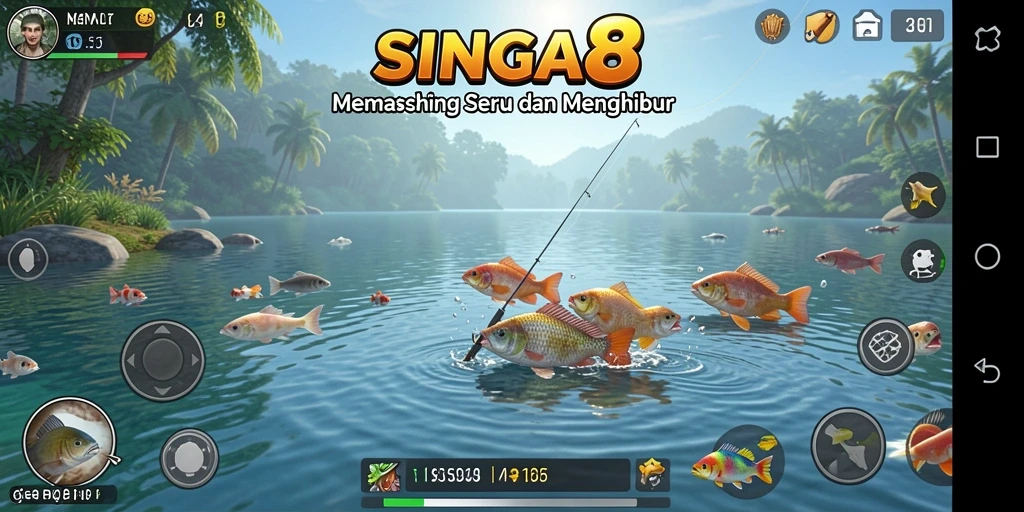 Tampilan gameplay SINGA8 yang mengasyikkan saat memancing di lautan.
