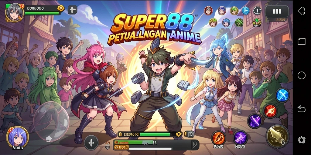 Screenshot utama SUPER88 menunjukkan pertarungan seru antara karakter anime.