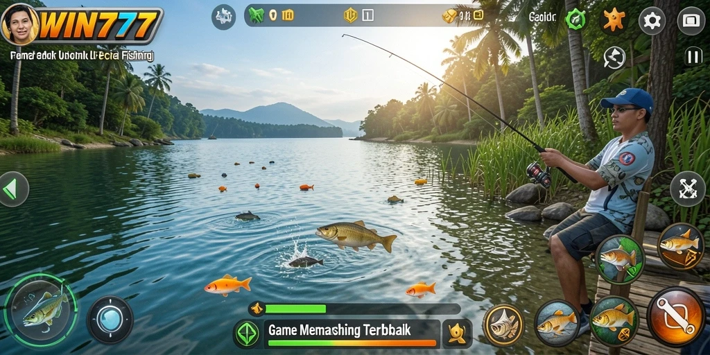 Tampilan seru gameplay WIN777 dengan ikan beragam dan lokasi memancing.